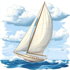 Obraz premium Sailing Yacht on Blue Ocean Waves with White Clouds Illustration