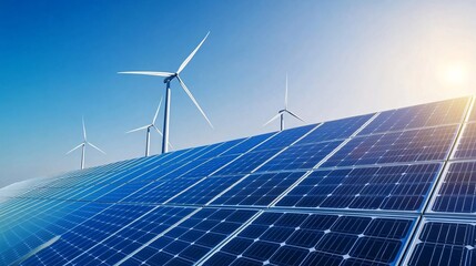 Close-up of solar panels absorbing sunlight with windmills in the background providing additional energy