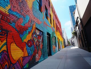 Fototapeta premium Colorful Urban Street Art on Brick Wall in Modern City Alley with Bright Blue Sky