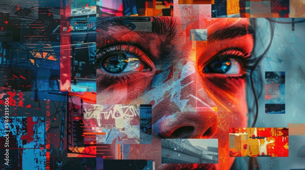 Poster a close-up shot of a person's face with multiple squares covering their features