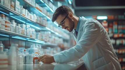 Fototapeta premium Pharmacist in a white coat working in a modern pharmacy. Shelves filled with medicine bottles. Professional healthcare environment.