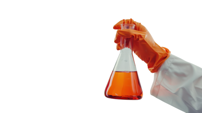 Scientist hand holding flask with chemistry liquid isolated on white background