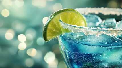 Refreshing blue cocktail with lime and ice, perfect for a summer day. Glass rimmed with salt adds a flavorful touch, ideal for social gatherings.