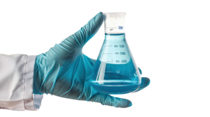 Scientist hand holding flask with chemistry liquid isolated on white background