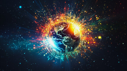 Abstract colorful business connection of lines from nodes It is connected to endless nodes and represents the innovation of communication cyber security in the network with black background