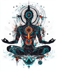 A futuristic figure meditating with abstract technological elements and vibrant colors.