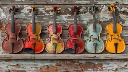 Fototapeta premium Frame of different musical instruments on wooden background 
