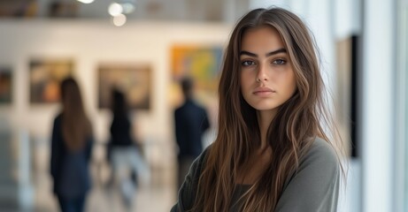Fototapeta premium A young brunette Brazilian stands in an art gallery, her expression thoughtful as she observes the surrounding artwork. copy space.