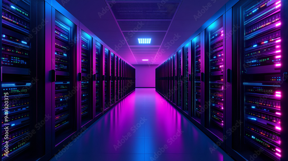 Wall mural modern server room with neon lights - perfect for technology and data center concepts