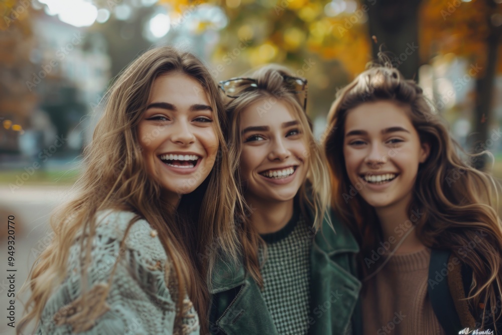 Poster Group of friends standing next to each other, smiling and laughing