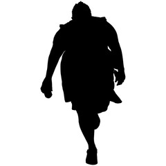 A plus-size woman walking in a minidress in silhouette