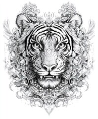 A detailed black and white illustration of a tiger's face surrounded by ornate patterns.