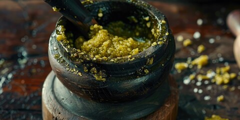 Fototapeta premium Green Chili Paste Presented in a Wooden Mortar