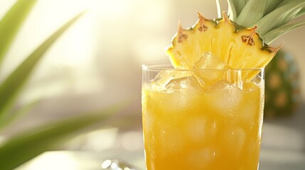 Refreshing pineapple juice served in a glass with ice cubes and garnished with a pineapple slice. Perfect for a tropical getaway.