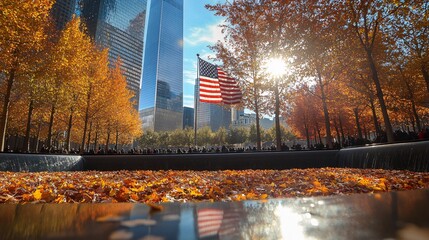 The American flag at Ground Zero standing tall against the backdrop of the Freedom Tower and autumn colors