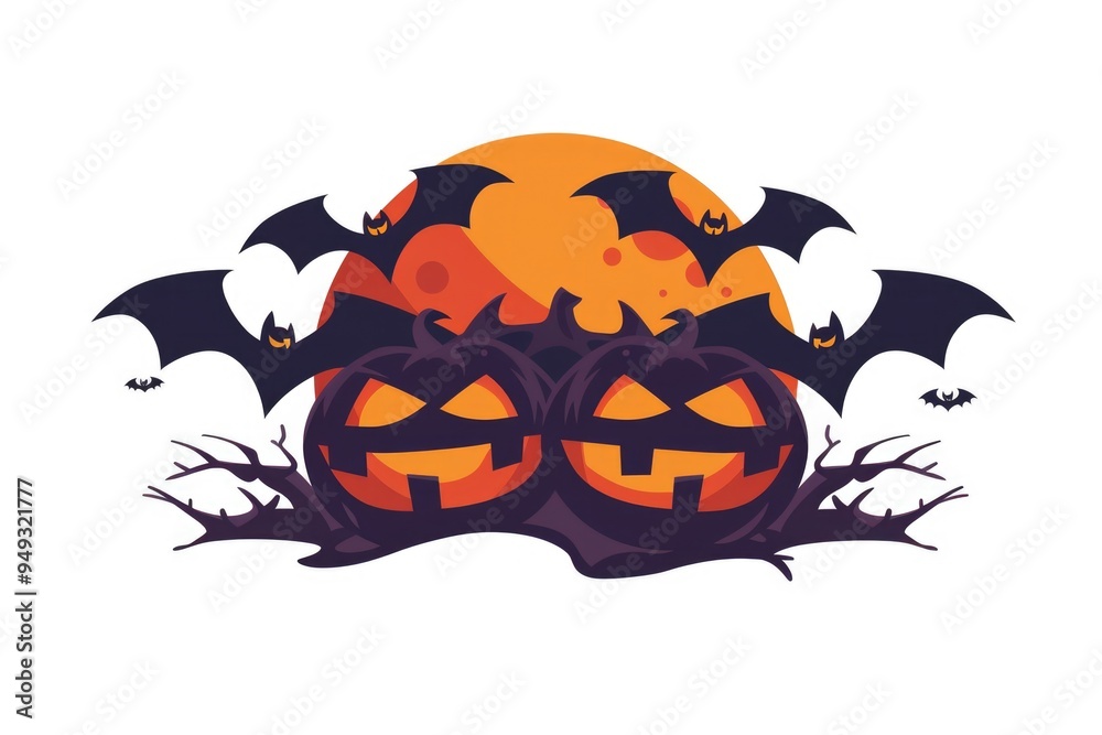 Poster Pumpkins and bats in a spooky Halloween scene