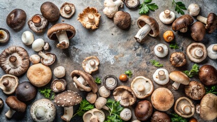 Obraz premium Assortment of Fresh Edible Mushrooms on Rustic Background