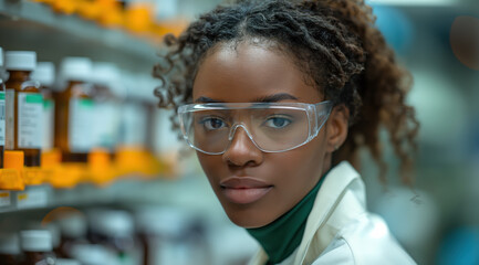 Fototapeta premium Medical bio laboratory, Research, Science test technology. Pharmaceutical lab specialist examines medicine vials, hospital patient samples. Medical student conducts research. Realistic style photo