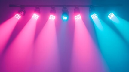 A stage with lights and smoke. The lights are pink and blue