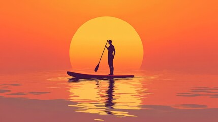 Silhouetted paddleboarder glides across calm water at sunset, creating a serene, picturesque scene with a vibrant orange sky and a large sun.