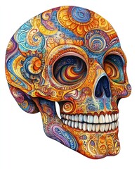 Naklejka premium A colorful, intricately designed skull with swirling patterns and vibrant colors.