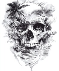 Obraz premium A detailed skull illustration intertwined with tropical elements and dramatic clouds.