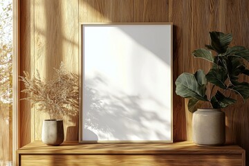 Poster Frame Mockup on Wooden Interior Background created with Generative AI
