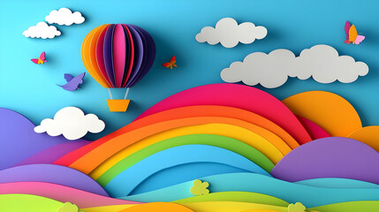 Colorful Papercraft Hot Air Balloon in a Rainbow Landscape with Butterflies and Clouds