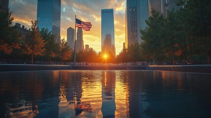 The American flag at Ground Zero reflecting in the memorial pool at dawn with a serene atmosphere
