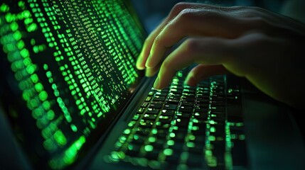 Obraz premium 20. Developer writing HTML code with a green matrix-style background, hacker-like aesthetic, advanced coding scene.