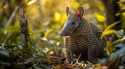 Obraz premium A young giraffe in the woods with greenery.