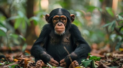 a chimpanzee sitting among the foliage of a tropical rainforest.