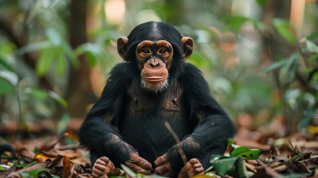 a chimpanzee sitting among the foliage of a tropical rainforest.