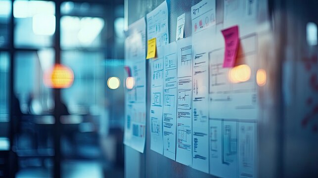 7. Colorful website wireframes pinned on a wall, collaborative design process, team brainstorming session.