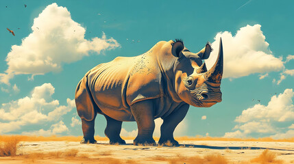 Fototapeta premium Rhino Stands Tall in the African Savanna Under a Blue Sky with Fluffy Clouds