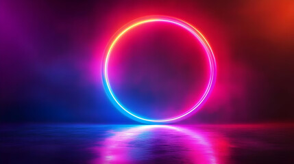 Obraz premium Neon Circle Light Glowing in Dark Room with Smoke and Reflections