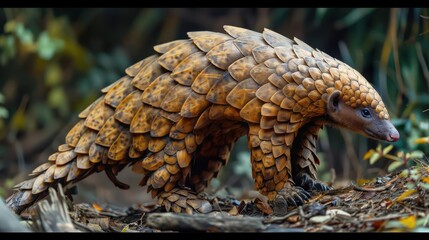 Obraz premium A pangolin with a coat covered in pine cones, walking through the forest.