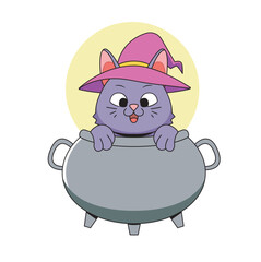 black cat  wearing witch hat in cauldron vector illustration cartoon animal  culture flat isolated