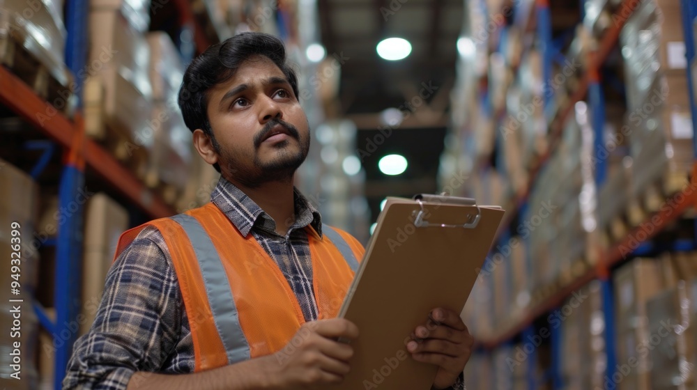 Poster a worker holds a clipboard in a warehouse setting, ready to track inventory or complete tasks