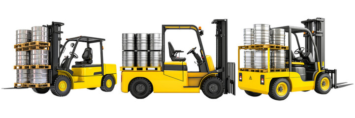 Forklifts with Barrels Isolated on Transparent Background