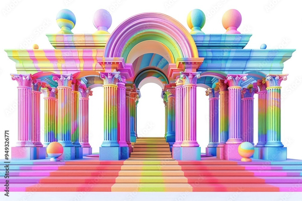 Poster a colorful arch with columns and a rainbow ball, great for festivals, celebrations or as a decorativ