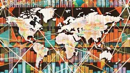 Obraz premium World Map Overlaid with Interconnected Bar Graphs and Lines