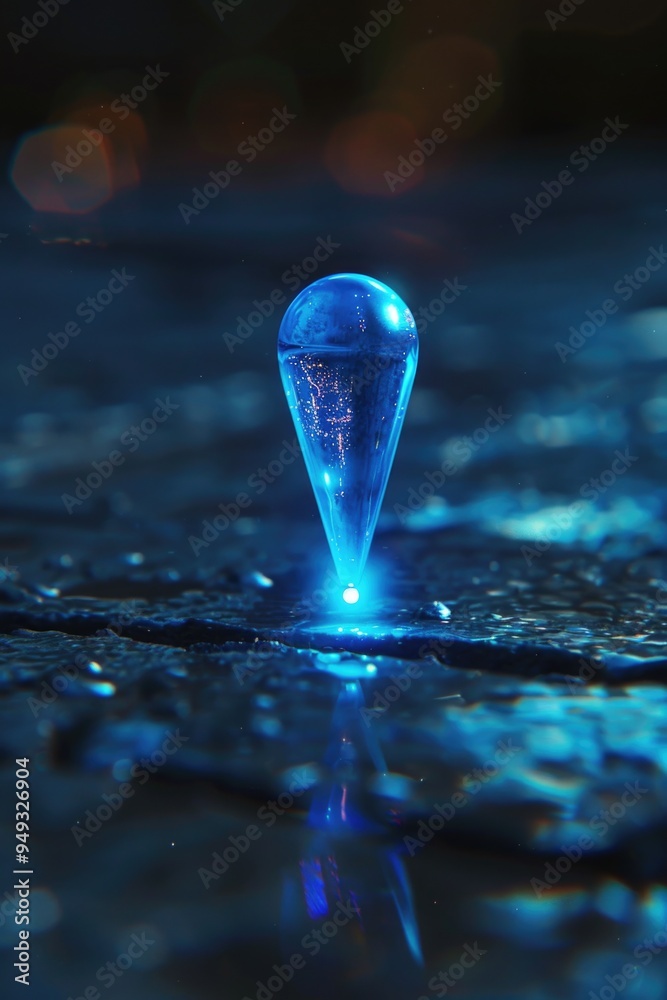 Poster a close-up shot of a single water droplet on a surface, showcasing its delicate shape and texture