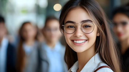 Fototapeta premium Smiling Woman Wearing Glasses, Confident and Happy With Friends in the Background