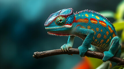 Obraz premium A Vibrant Chameleon Perched on a Branch with a Striking Blue and Yellow Coloration