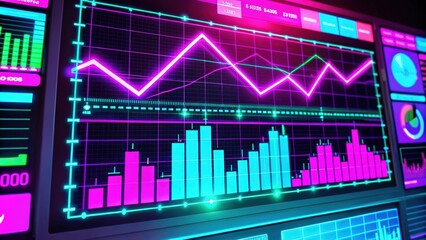 Fototapeta premium Neon-lit Financial Data Display with Line and Bar Graphs