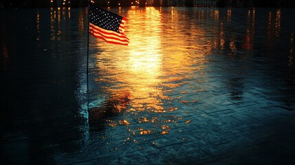 Ground Zero Memorial with an American flag reflecting in the water as the sun sets