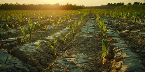 Naklejka premium Corn plants wither and soil cracks after weeks of no rain