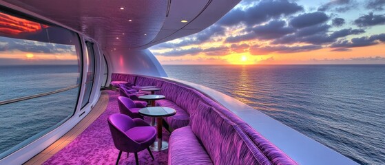Purple Lounge on a Cruise Ship with Sunset Views
