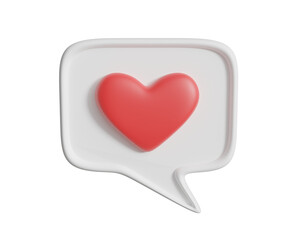 3D illustration with heart icon on message bubble, concept of love or liking for things communicated isolated on transparent background.